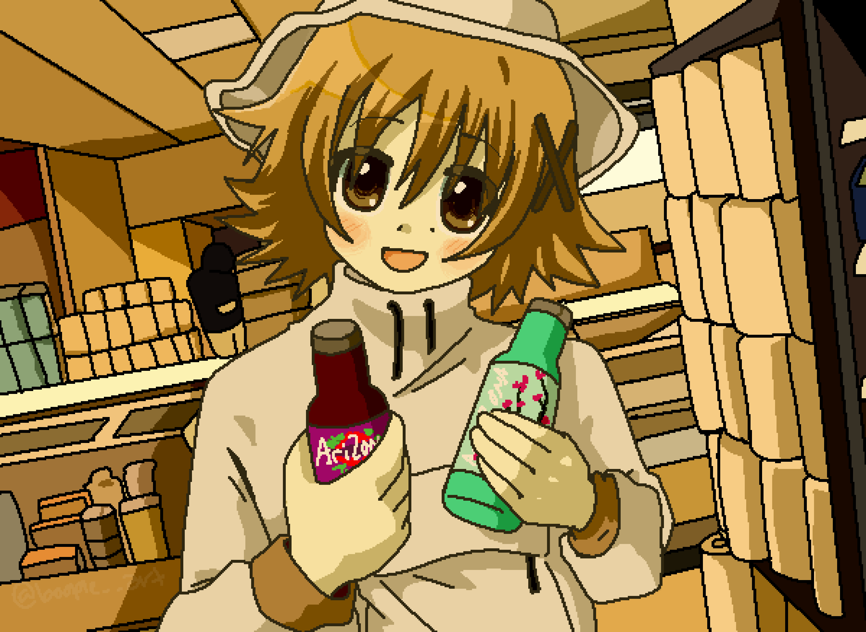 1girl, 1other, :d, bloopy, blush, bottle, box, brown_eyes, brown_hair, ceiling_light, commentary, drink, flipped_hair, grocery_store, hair_ornament, hairclip, head_tilt, hidamari_sketch, highres, holding, holding_bottle, holding_drink, hood, hoodie, photo-referenced, shelf, short_hair, smile, solo_focus, sweater, toilet_paper, turtleneck, turtleneck_sweater, x_hair_ornament, yuno_(hidamari_sketch)