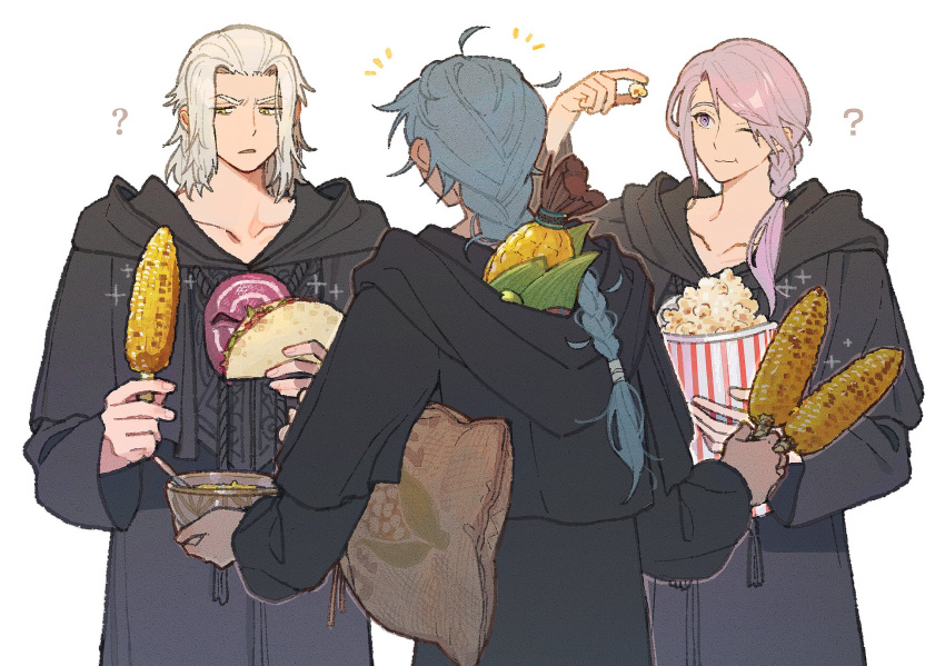 1other, 2boys, :t, ?, azem_(ff14), black_robe, blue_hair, bowl