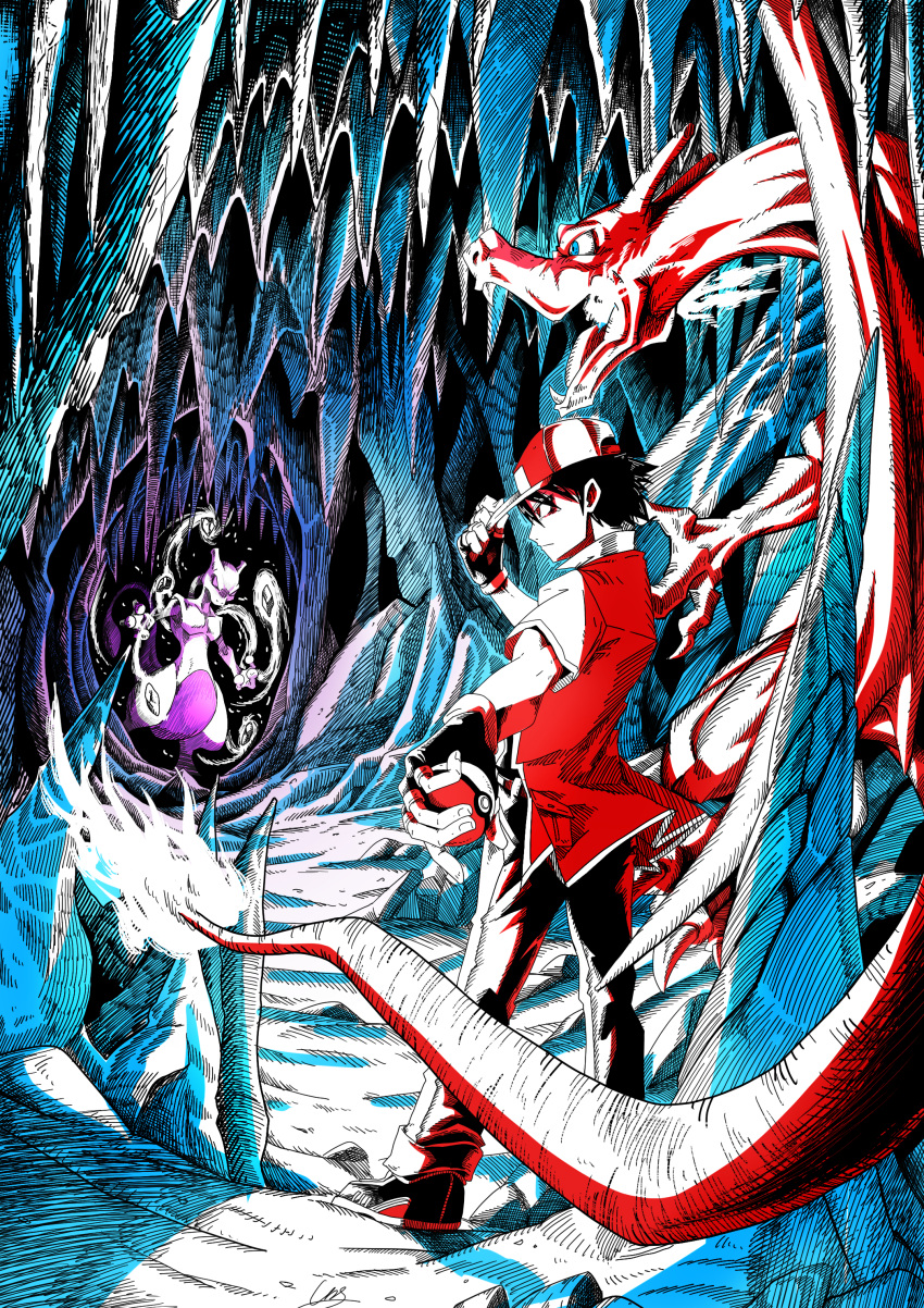 1boy, absurdres, cave_interior, charizard, closed_mouth, commentary_request, fingerless_gloves, gamjagom, gloves, hand_on_headwear, hat, highres, holding, holding_poke_ball, jacket, korean_commentary, male_focus, mewtwo, mixed-language_commentary, pants, poke_ball, poke_ball_(basic), pokemon, pokemon_(creature), pokemon_rgby, red_(pokemon), short_hair, short_sleeves, stalactite, stalagmite, standing