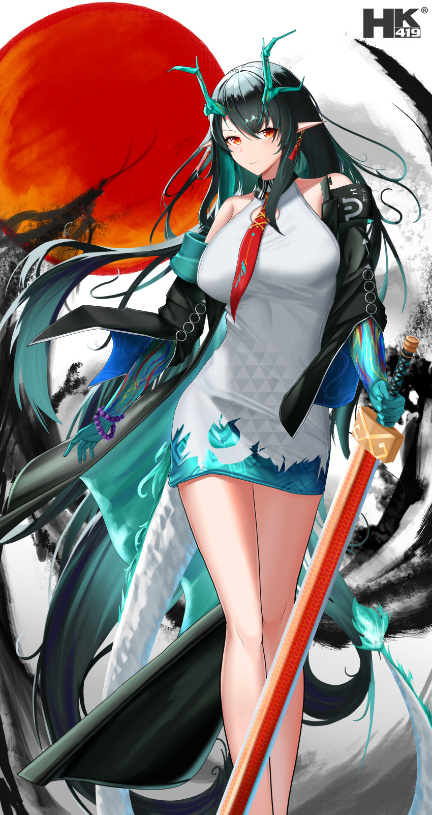 1girl, absurdres, arknights, bead_bracelet, beads, black_hair, black_jacket, bracelet, colored_skin, dragon_girl, dragon_horns, dragon_tail, dress, dusk_(arknights), earrings, eastern_dragon_tail, fiery_tail, flame-tipped_tail, gradient_skin, green_horns, green_skin, highres, hk419, holding, holding_sword, holding_weapon, horns, jacket, jewelry, multicolored_hair, necktie, pointy_ears, red_eyes, red_necktie, solo, streaked_hair, sword, tail, tassel, tassel_earrings, weapon, white_dress