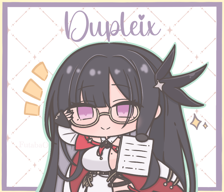 1girl, artist_name, azur_lane, black_hair, border, breasts, chibi, closed_mouth, dupleix_(azur_lane), futaba_(anti_clockwise), glasses, hair_ornament, holding, holding_paper, long_hair, mole, mole_on_breast, nejikirio_(style), notice_lines, outside_border, paper, purple_border, smile, solo, sparkle, very_long_hair, violet_eyes, yellow-framed_eyewear
