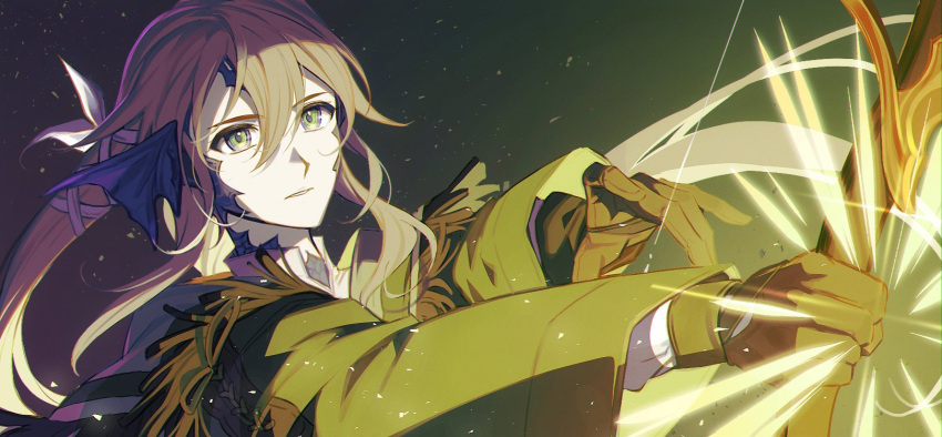 1girl, au_ra, bow_(weapon), brown_gloves, brown_hair, cirina_mol, dragon_horns, drawing_bow