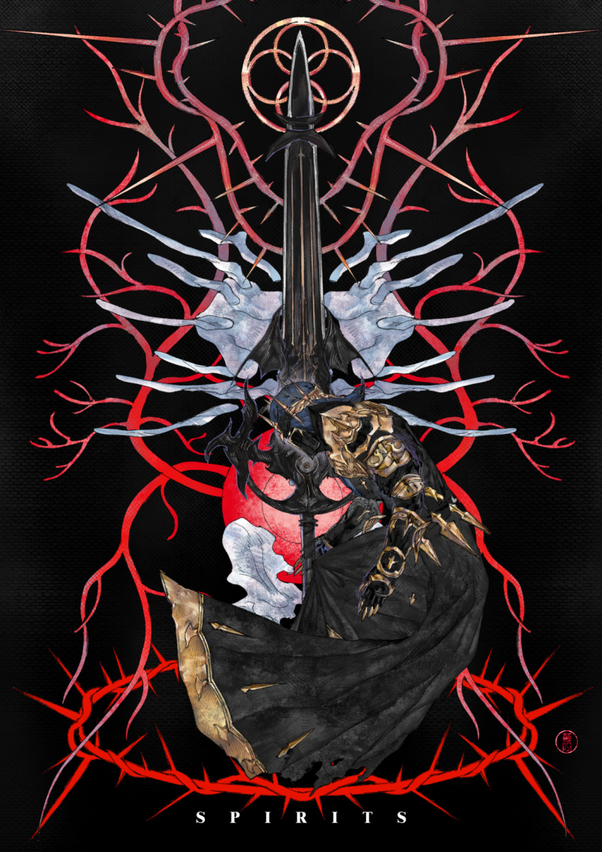 1other, ambiguous_gender, armor, armored_dress, artist_name, black_background, covered_mouth, crown_of_thorns