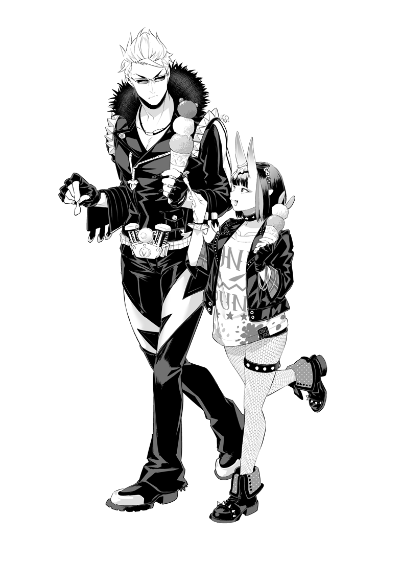 belt_buckle, black_jacket, bracelet, buckle, collarbone, fate/grand_order, fate_(series), food, glasses, greyscale, holding, holding_spoon, ice_cream, jacket, jewelry, monochrome, necklace, oni, sakata_kintoki_(fate), sakata_kintoki_(rider)_(fate), shiromako, shirt, shoes, short_hair, shuten_douji_(fate), spoon, sunglasses, white_shirt