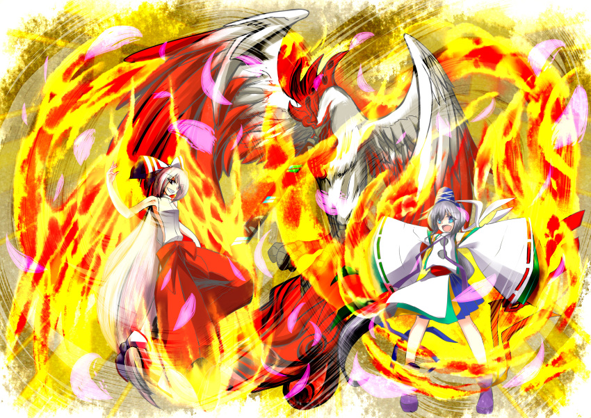 2girls, absurdly_long_hair, bird, blue_eyes, bow, chicken, crossover, fire
