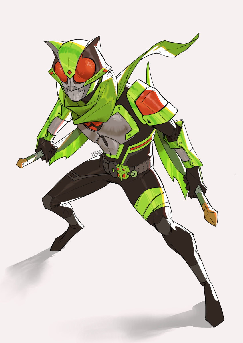 1boy, absurdres, animal_ears, armor, black_bodysuit, bodysuit, desire_driver, driver_(kamen_rider), gears, glowing, glowing_eyes, highres, holding, holding_sword, holding_weapon, id_core, kamen_rider, kamen_rider_geats_(series), kamen_rider_tycoon, male_focus, maniaxpunk, ninja, ninja_buckle, ninja_dueler, power_armor, raccoon_ears, raise_buckle, red_eyes, reverse_grip, rider_belt, sword, tanuki, tokusatsu, weapon