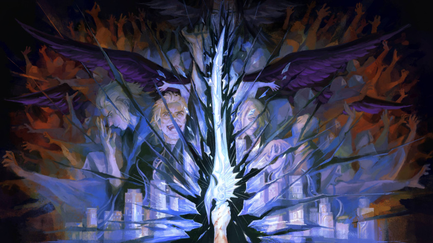 1girl, 3boys, 6+others, amaurot, arm_up, bird_wings, blood, blood_on_hands