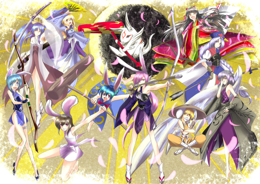 6+girls, animal_ears, archery_shooting_glove, arrow_(projectile), black_hair, blonde_hair, blue_hair, bow_(weapon)