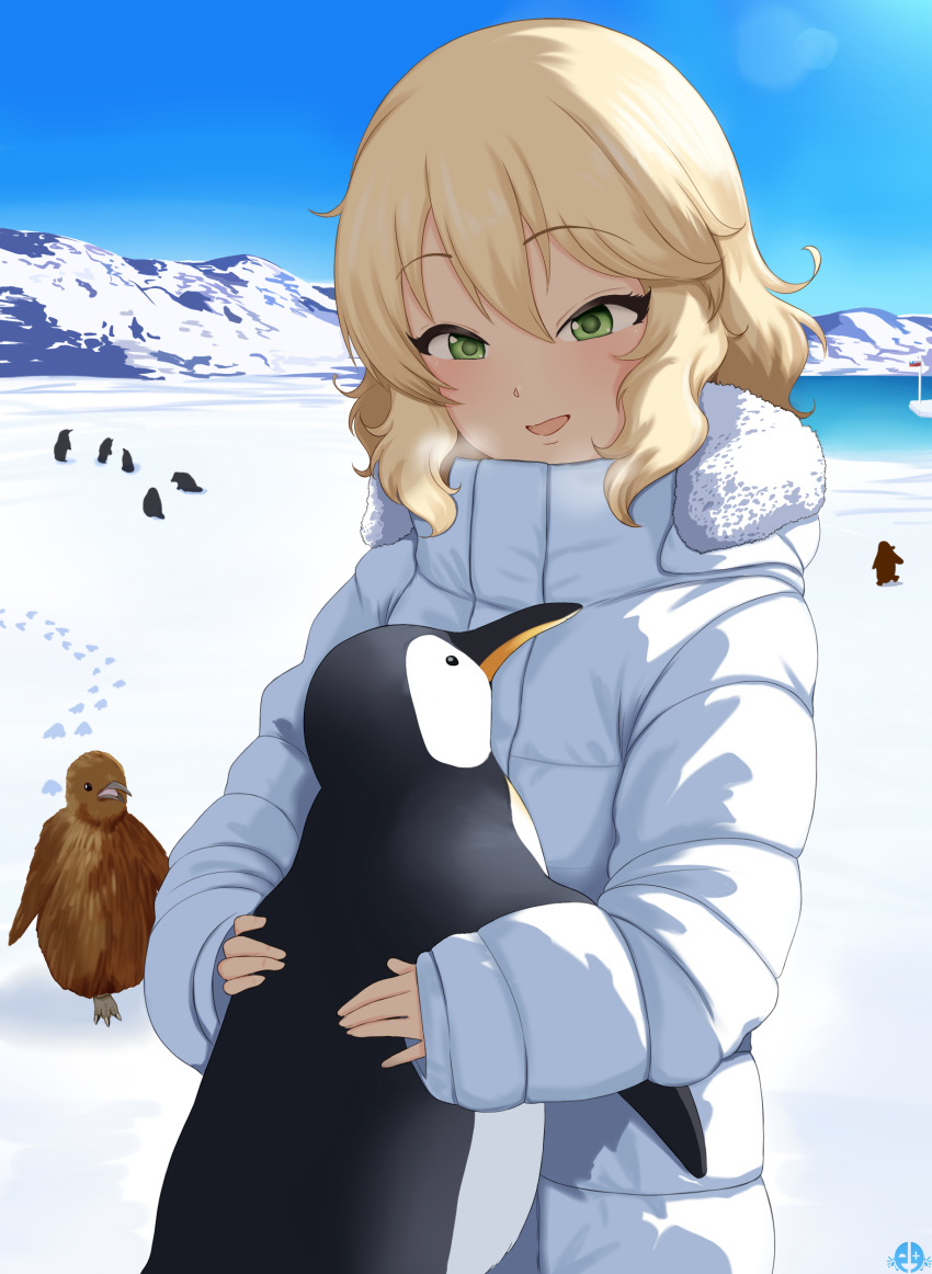 1girl, absurdres, animal, animal_hug, antarctica, bird, blonde_hair, blue_sky