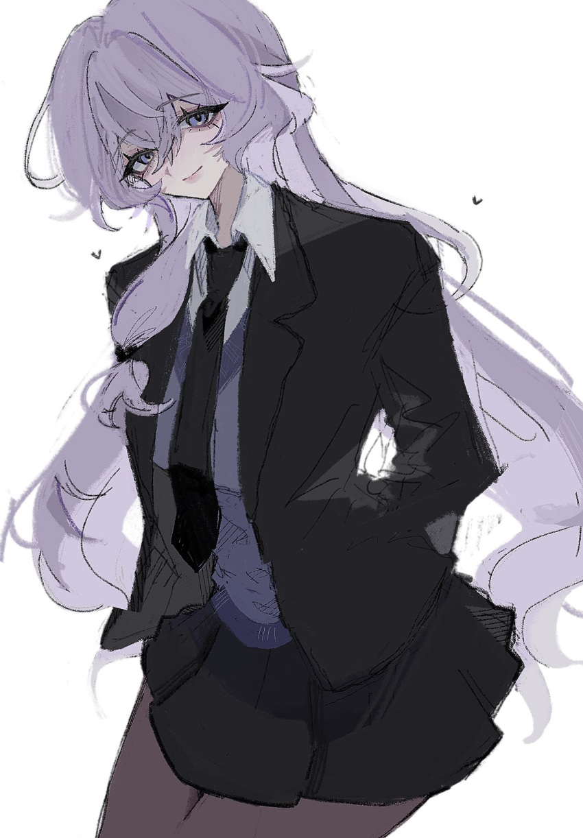 1girl, black_jacket, black_necktie, black_skirt, black_swan_(honkai:_star_rail), collared_shirt, head_tilt, heart