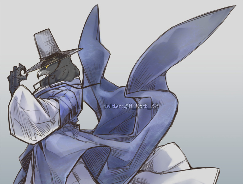 1boy, 88_(h_rock_88), adjusting_clothes, adjusting_headwear, bird, black_hat, closed_mouth, cowboy_shot