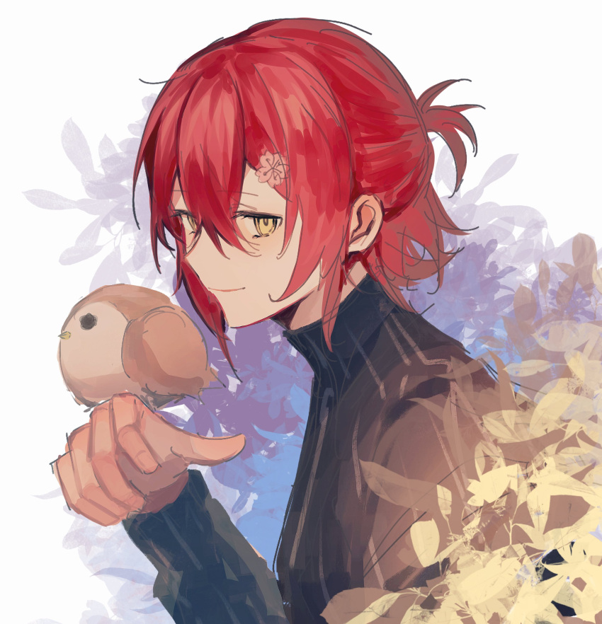 1boy, absurdres, bird, bird_on_hand, bishounen, closed_mouth, eyelashes, hair_between_eyes