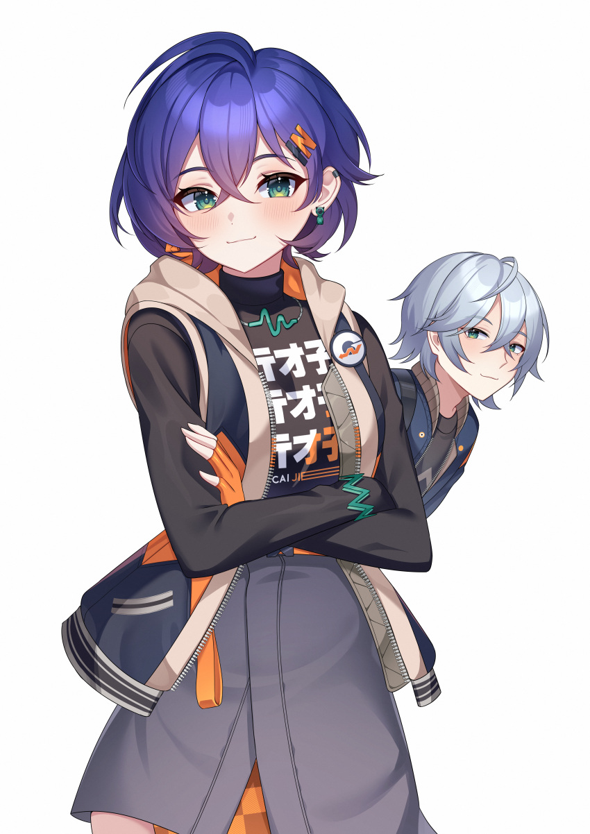 1boy, 1girl, absurdres, belle_(zenless_zone_zero), black_shirt, blue_hair, brother_and_sister, can't_be_this_cute