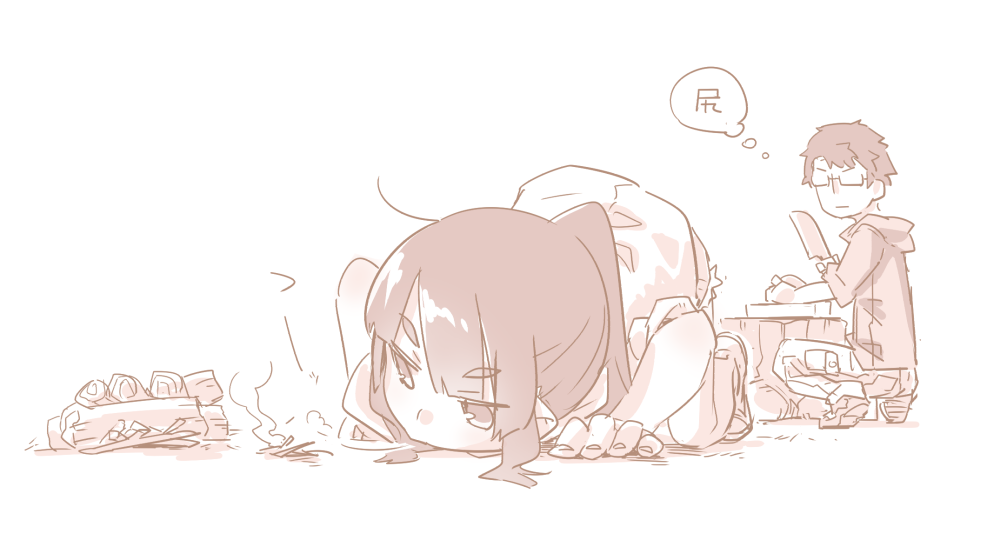 1boy, 1girl, ahoge, akari_(raigou), black_hair, blowing, camping, cargo_pants
