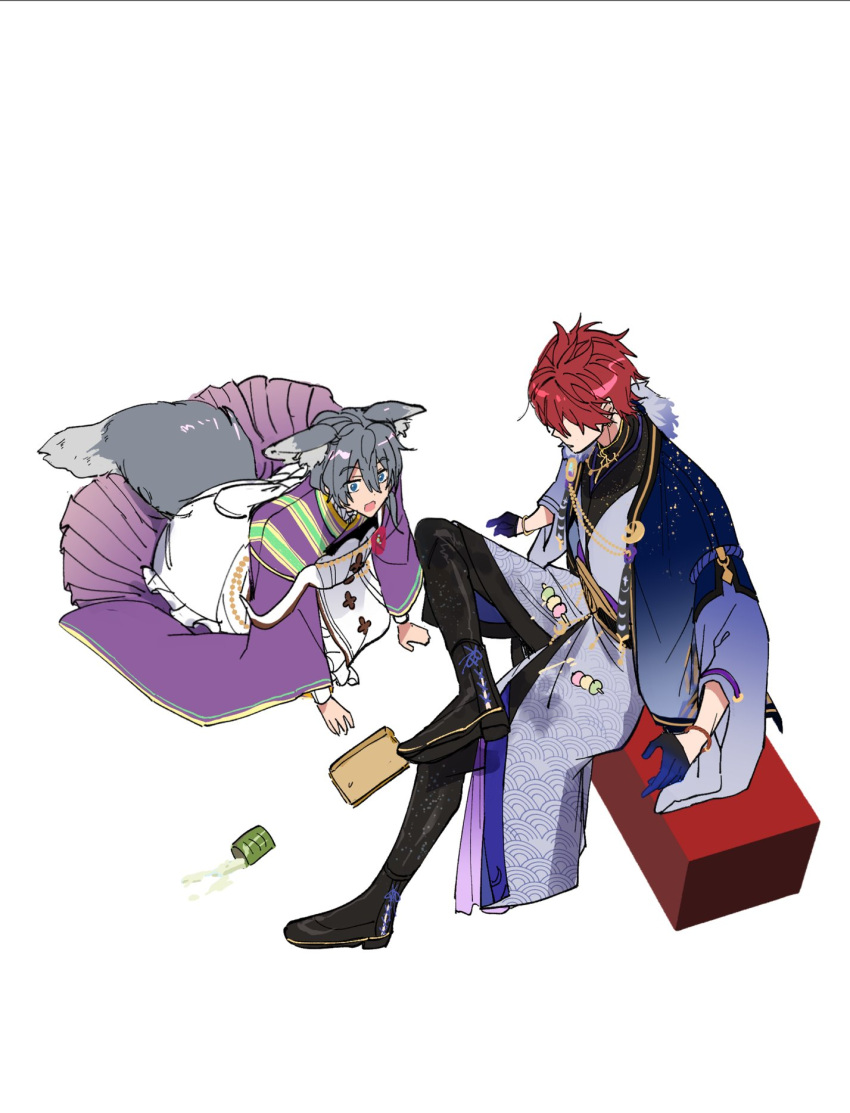 2boys, amagi_rinne, box, constricted_pupils, dango, ears_back, ensemble_stars!, food, from_above, hands_on_floor, highres, invisible_floor, kneeling, male_focus, multiple_boys, on_box, on_floor, open_mouth, shiina_niki, shiina_niki_(koikoi_love_cafe), simple_background, sitting, sitting_on_box, sketch, spill, trrm_otoge, wagashi, white_background, wide_shot