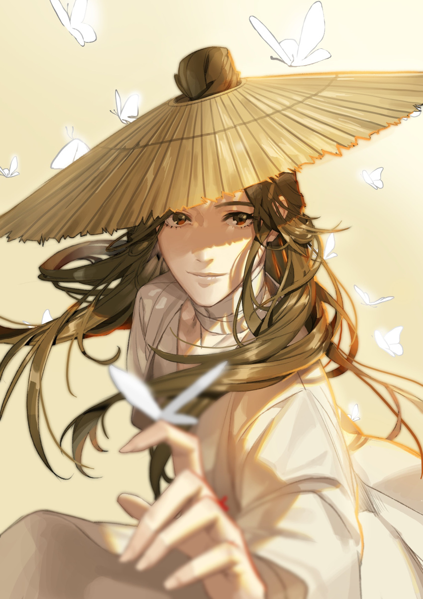 1boy, absurdres, blurry, brown_background, brown_hair, bug, butterfly, butterfly_on_hand