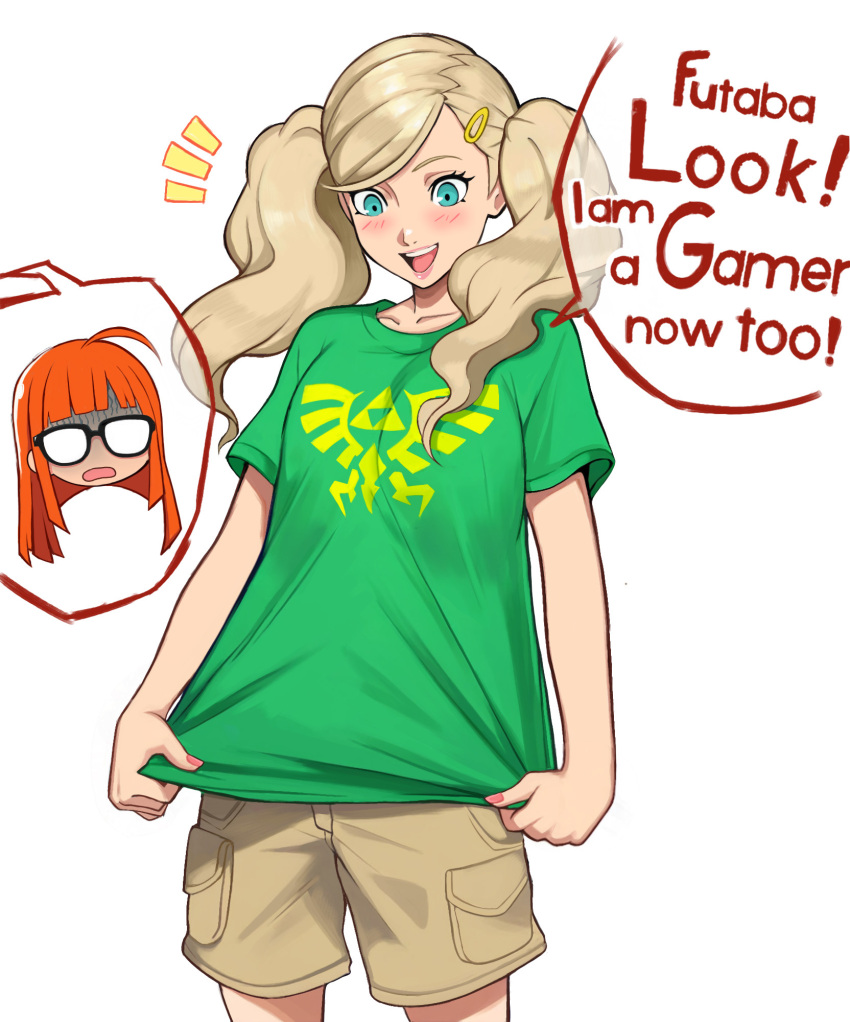 2girls, black-framed_eyewear, blonde_hair, brown_shorts, green_eyes, green_shirt, hair_ornament, hairclip