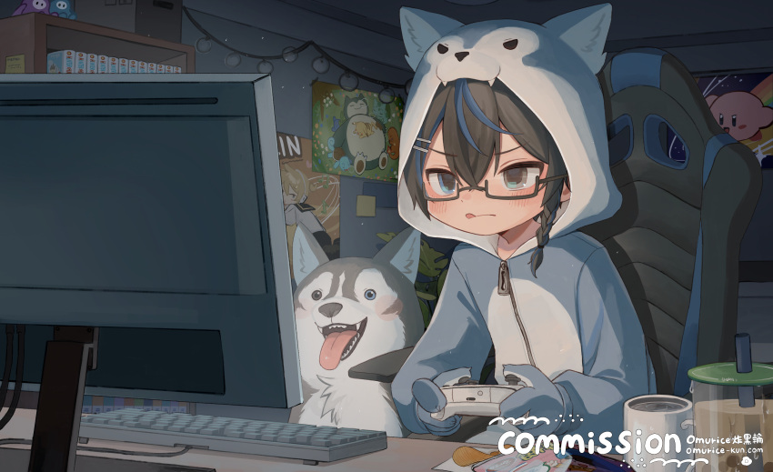 1boy, absurdres, androgynous, animal_hood, artist_name, black_hair, blue_eyes, blue_hair