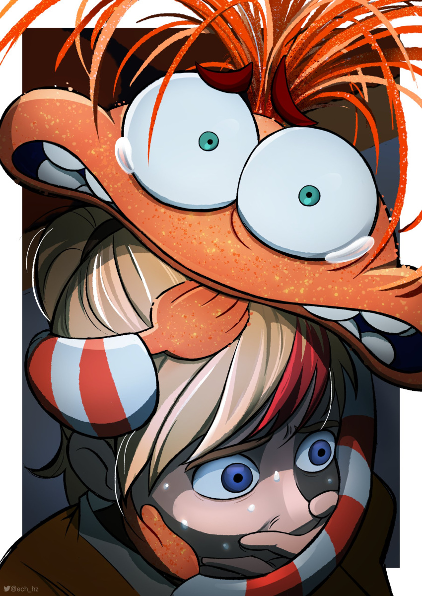 1girl, abstract, absurdres, anxiety_(inside_out_2), blonde_hair, blue_eyes, clenched_teeth, colored_skin