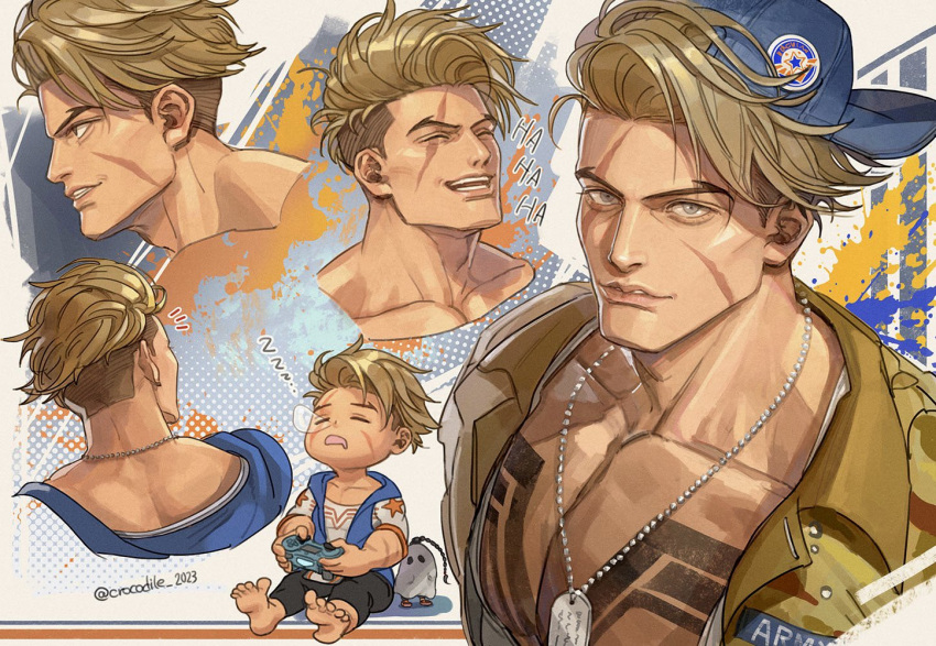 1boy, alternate_costume, back, backwards_hat, barefoot, baseball_cap, black_pants, blonde_hair