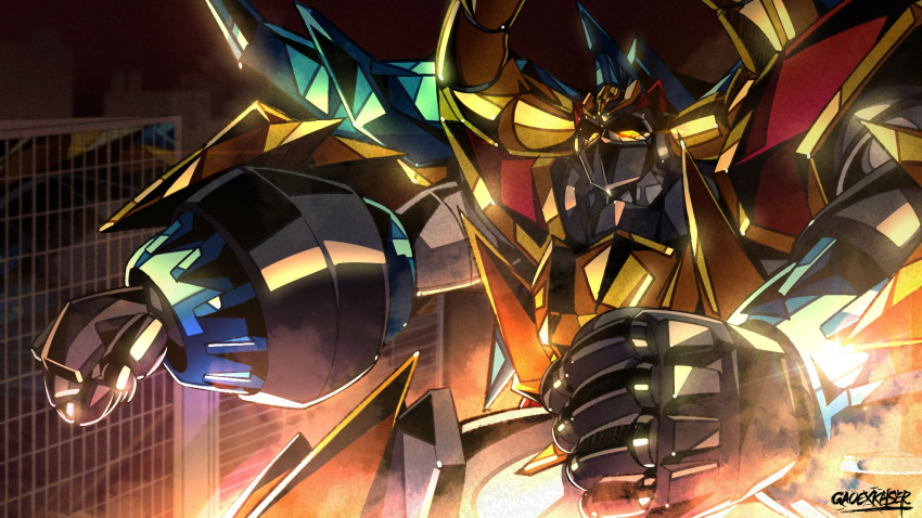 armor, city, cityscape, fighting_stance, full_armor, gaiking, gaiking:_legend_of_daikuu_maryuu, gaiking_the_great
