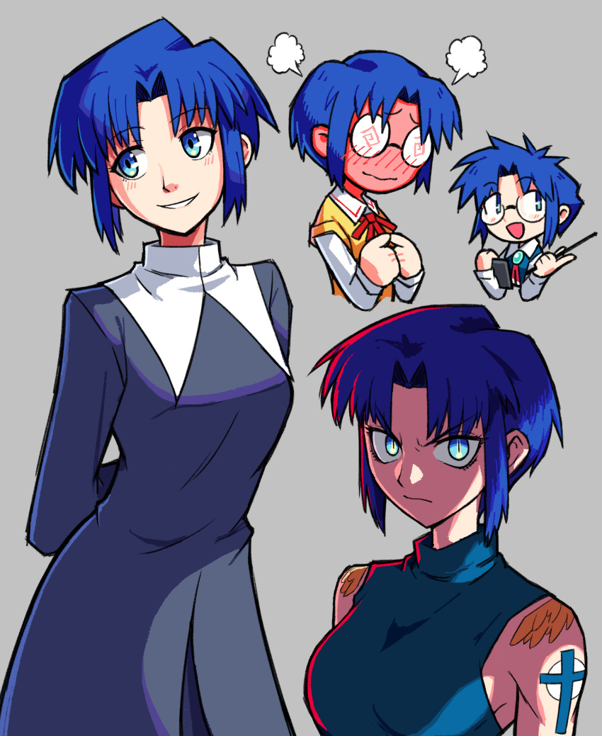 1girl, @_@, angry, bare_shoulders, blue_eyes, blue_hair, blush, cardigan_vest