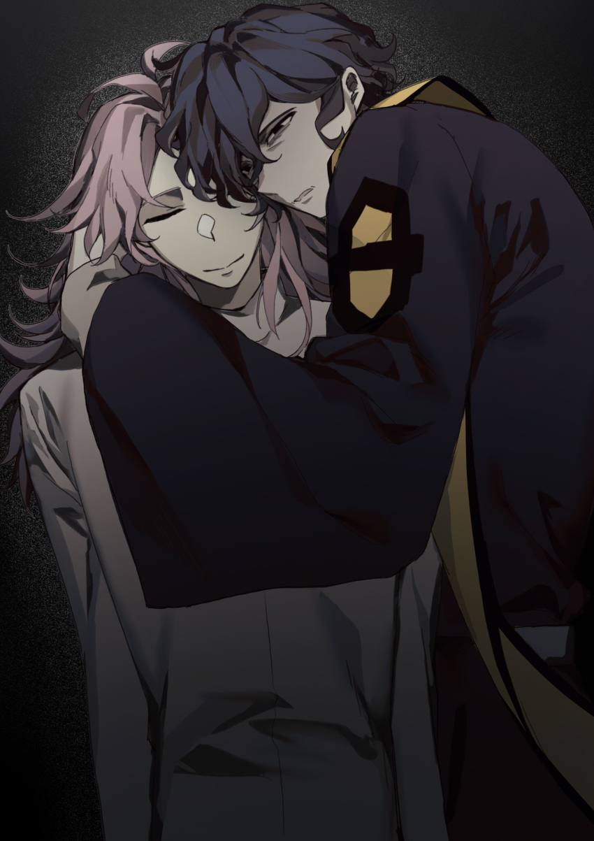 2boys, absurdres, black_coat, black_eyes, blue_hair, chinese_commentary, chunaizhanshi23057, closed_eyes