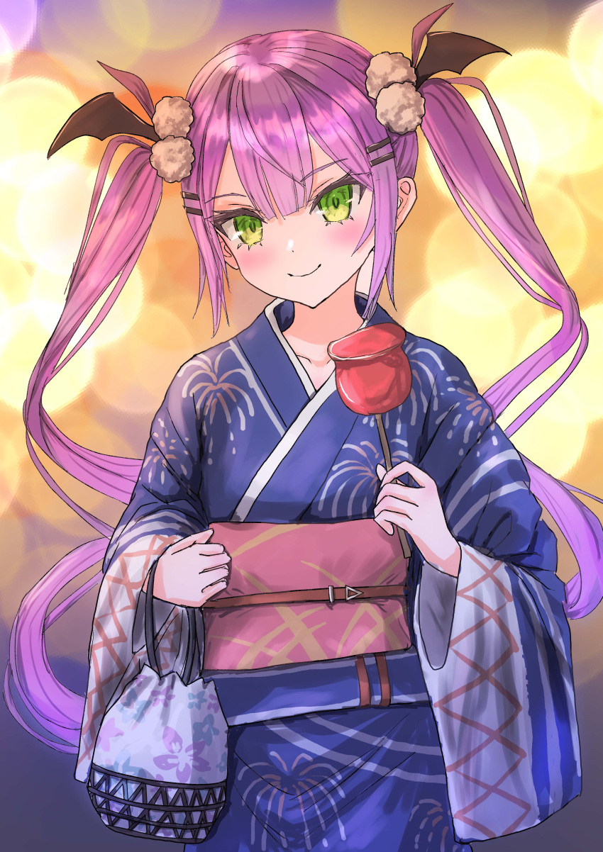 1girl, absurdres, bag, blurry, blush, bokeh, candy_apple, depth_of_field, food, green_eyes, hair_ornament, hairclip, highres, holding, holding_bag, holding_food, hololive, japanese_clothes, kimono, long_hair, long_sleeves, looking_at_viewer, obi, pom_pom_(clothes), pom_pom_hair_ornament, purple_hair, sash, smile, solo, tokoyami_towa, twintails, very_long_hair, virtual_youtuber, wide_sleeves, wing_hair_ornament, yashipom, yukata