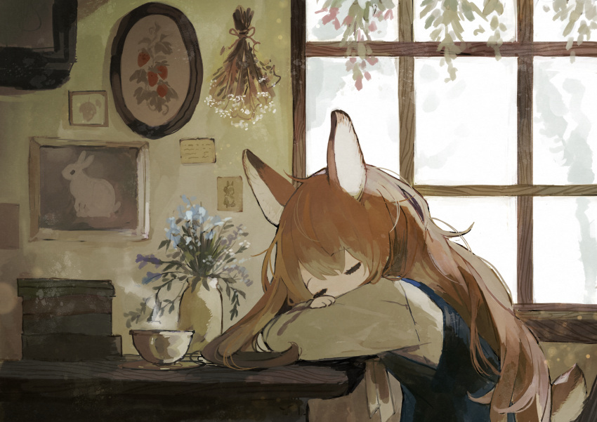1girl, absurdres, animal, animal_ears, book, book_stack, bowl, brown_hair, closed_eyes, crossed_arms, flower, hanging_plant, highres, indoors, long_hair, long_sleeves, original, painting_(object), picture_frame, plant, plate, potted_plant, rabbit, rabbit_ears, rabbit_girl, rabbit_tail, sakutake_(ue3sayu), shirt, sleeping, sleeping_on_desk, solo, steam, tail, window