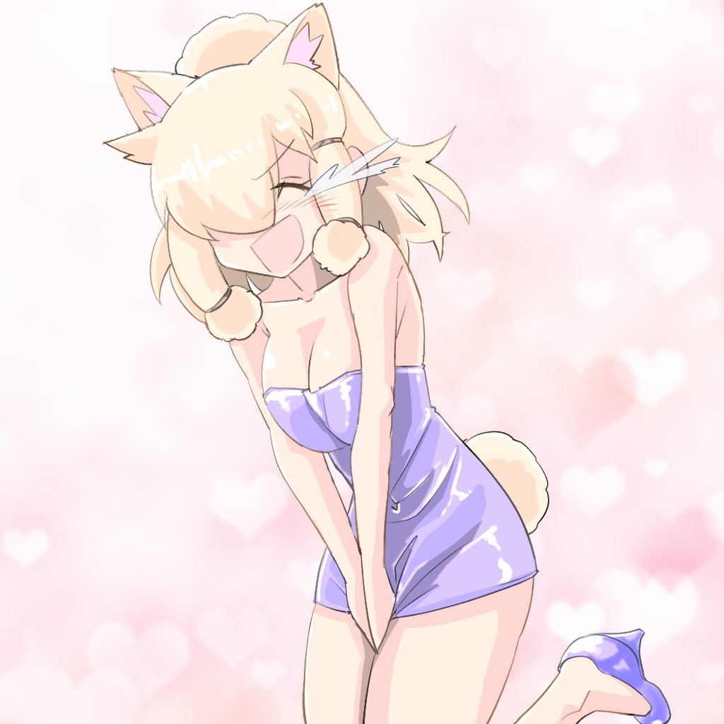 1girl, alpaca_ears, alpaca_girl, alpaca_suri_(kemono_friends), alpaca_tail, animal_ears, bare_shoulders, between_legs, blue_dress, blue_footwear, blush, cowboy_shot, dress, embarrassed, extra_ears, hair_bun, hair_over_one_eye, hair_tubes, hand_between_legs, high_heels, kemono_friends, msl2go, pencil_dress, short_hair, sleeveless, solo, standing, standing_on_one_leg, tail, tearing_up, white_hair