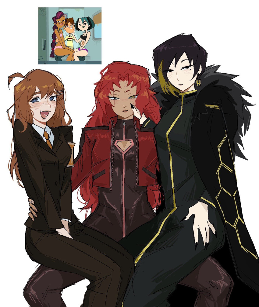 ahoge, alternate_skin_color, binah_(project_moon), black_bodysuit, black_coat, black_dress, black_eyes, black_hair, blonde_hair, blue_eyes, bodysuit, brown_eyes, brown_hair, character_request, coat, collared_shirt, dark-skinned_female, dark_skin, dress, earrings, fur_collar, gebura_(project_moon), grey_eyes, hair_ornament, hairclip, highres, hod_(project_moon), jacket, jewelry, lobotomy_corporation, long_hair, mole, mole_under_eye, morewhaies, multicolored_hair, necktie, orange_necktie, project_moon, red_eyes, red_jacket, reference_inset, scar, scar_across_eye, scar_on_face, shirt, single_earring, sitting, sitting_on_lap, sitting_on_person, streaked_hair, suit, suit_jacket, total_drama, white_shirt