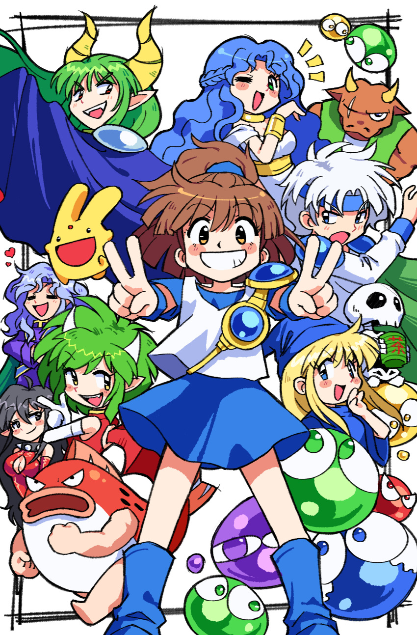 3boys, 5girls, absurdres, ahoge, arle_nadja, armor, black_eyes, black_hair