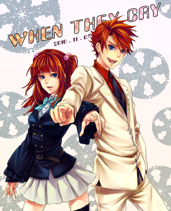 brother_and_sister, formal, hair_bobbles, hair_ornament, hand_in_pocket, jacket, lightning_(pixiv), long_hair