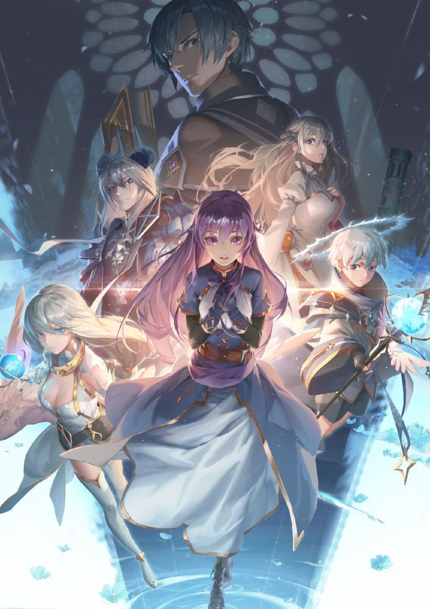 3boys, 3girls, aphinor_(eternal_senia), balder_(eternal_senia), blue_hair, book, capelet, dress, elbow_gloves, eternal_senia, eternal_senia_2:hydrangea_after_the_rain, facial_mark, fingerless_gloves, gloves, halo, highres, horns, hugo_(eternal_senia), layered_sleeves, light_blue_hair, long_hair, long_sleeves, low_ponytail, mage_staff, multiple_boys, multiple_girls, nos_(eternal_senia), official_art, open_book, purple_hair, senia, short_hair, short_over_long_sleeves, short_sleeves, themis_(eternal_senia), thigh-highs, third-party_source, violet_eyes, weapon, white_dress, white_hair, white_thighhighs, wide_sleeves