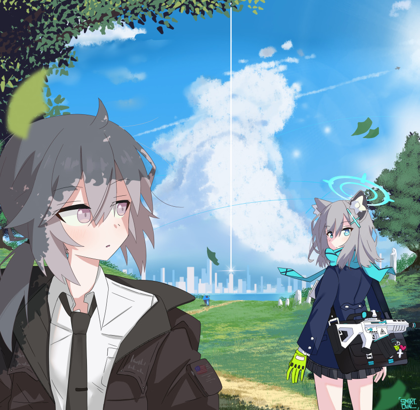 2girls, absurdres, ahoge, bag, bare_legs, black_necktie, blue_archive, blue_halo, cityscape, clouds, cloudy_sky, dappled_sunlight, girls_frontline, gloves, green_gloves, grey_hair, grey_skirt, gun, halo, highres, jacket, leaf, looking_at_another, m200_(girls'_frontline), medium_hair, messenger_bag, miyu_(blue_archive), multiple_girls, necktie, open_mouth, outdoors, scarf, self-upload, shiroko_(blue_archive), short_ponytail, shoulder_bag, skirt, sky, smart_oval, sunlight, weapon