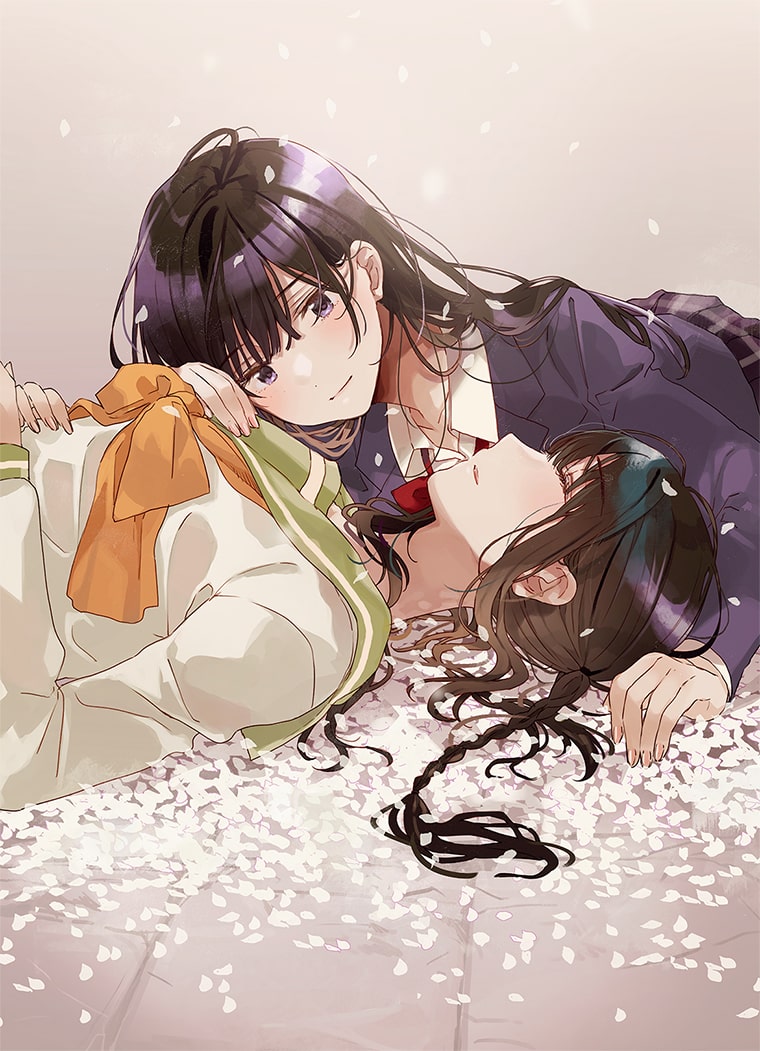 2girls, artist_name, black_hair, black_jacket, blazer, bow, bowtie, braided_twintails, brown_hair, closed_eyes, collared_shirt, comatose, copyright_name, dress_shirt, fly_(marguerite), green_sailor_collar, hair_spread_out, hand_on_another's_chest, jacket, light_smile, long_hair, long_sleeves, looking_at_another, lying, multiple_girls, neckerchief, on_back, orange_neckerchief, parted_lips, red_bow, red_bowtie, sailor_collar, sakura_no_furu_machi_-shiro_no_tobari-, school_uniform, second-party_source, serafuku, shirt, shishibuki_airi, shishibuki_ruka, sidelocks, violet_eyes, white_shirt