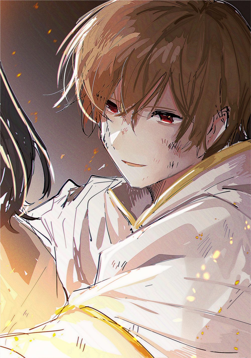 1boy, 1girl, black_hair, brown_background, brown_hair, capelet, commentary, embers