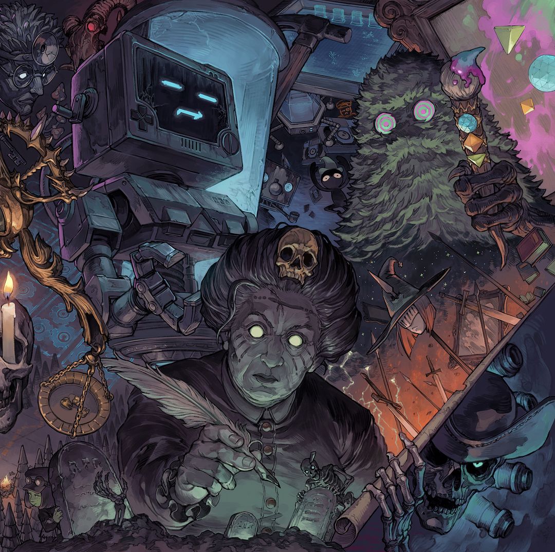 2boys, 3girls, 4others, balance_scale, book, candle, cannon, colored_skin