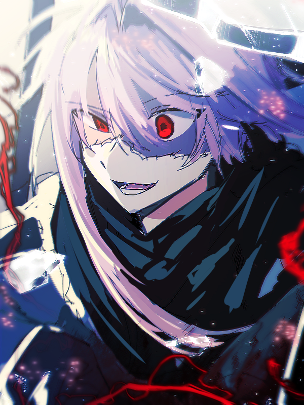1boy, black_capelet, capelet, commentary, hair_between_eyes, hair_intakes, jw9484, light_particles