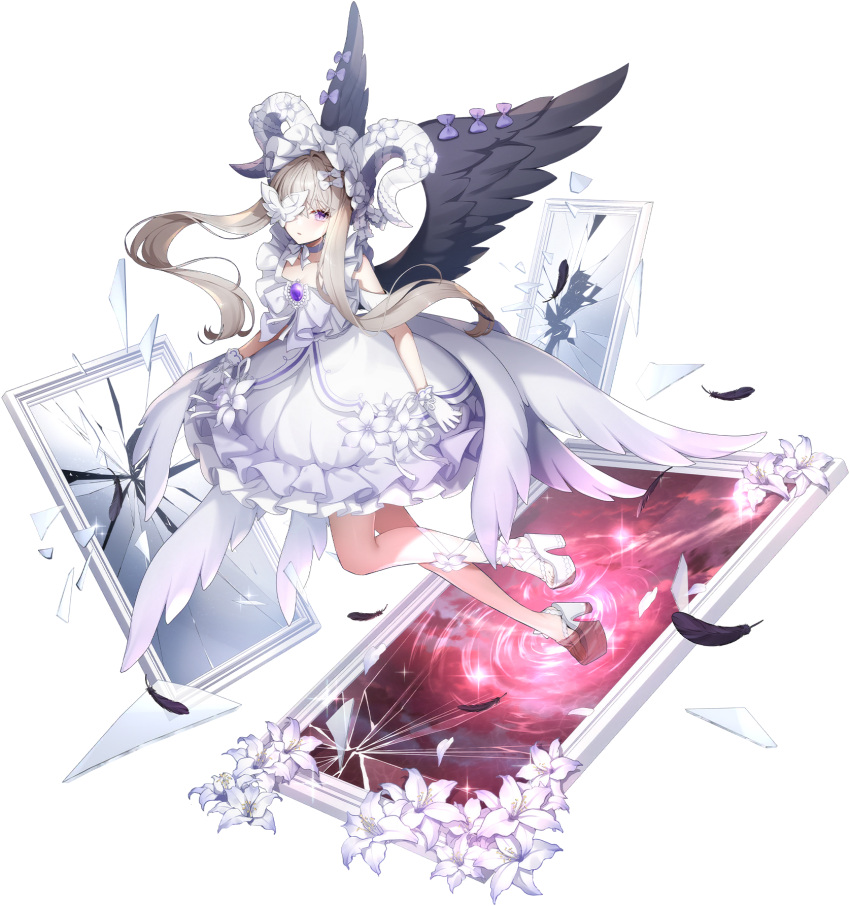 1girl, angel_wings, bare_legs, black_feathers, black_wings, broken_glass, broken_mirror, bug