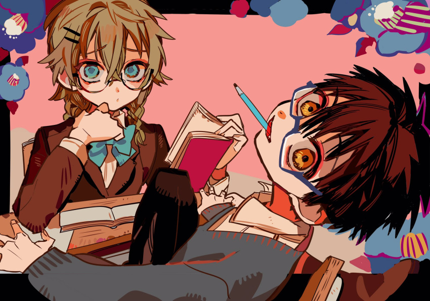 1boy, 1girl, against_desk, alternate_costume, alternate_uniform, alternate_universe, aqua_bow, aqua_bowtie