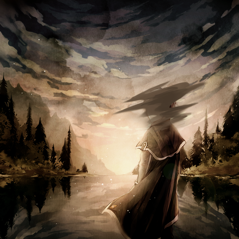 1boy, artfahle, black_cape, black_capelet, cape, capelet, clouds, eternal_senia, eternal_senia_2:hydrangea_after_the_rain, hugo_(eternal_senia), looking_back, male_focus, outdoors, scenery, sky, smile, solo, spoilers, tree