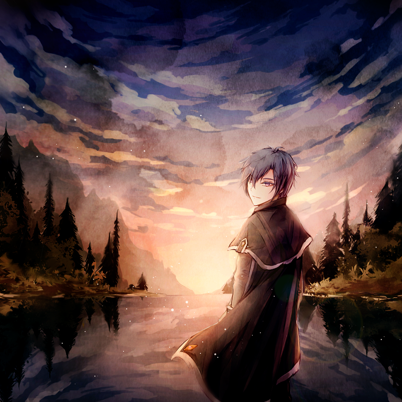 1boy, artfahle, black_cape, black_capelet, blue_eyes, blue_hair, cape, capelet, clouds, eternal_senia, eternal_senia_2:hydrangea_after_the_rain, hugo_(eternal_senia), looking_back, male_focus, outdoors, scenery, sky, smile, solo, tree