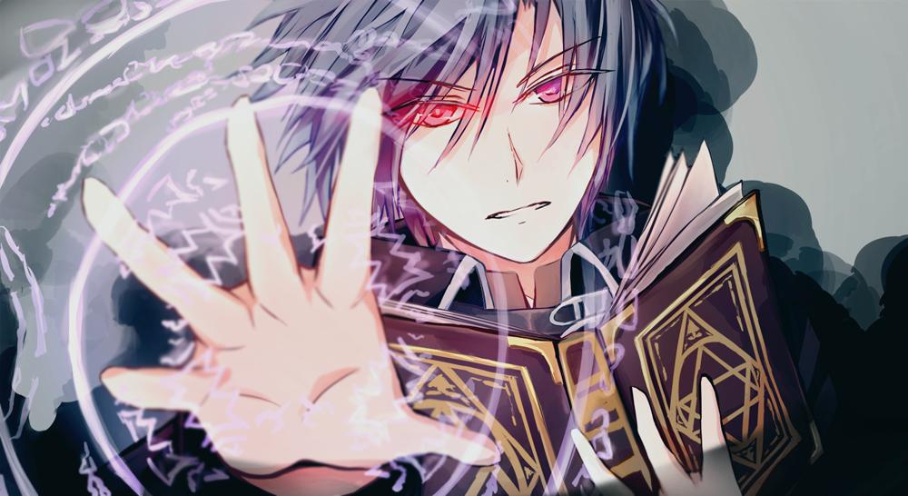 1boy, artfahle, black_capelet, blue_eyes, blue_hair, book, capelet, eternal_senia