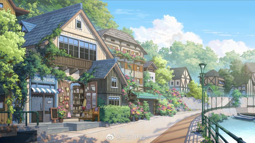 awning, boat, bush, clouds, dappled_sunlight, day, flower, game_cg, hanxiaodan, highres, house, lamppost, lovebrush_chronicles, menu_board, no_humans, official_art, outdoors, pink_flower, plant, potted_plant, railing, road, scenery, seaside, shadow, shelf, shop, street, sunlight, tree, vines, water, watercraft, weibo_logo, weibo_watermark, yellow_flower
