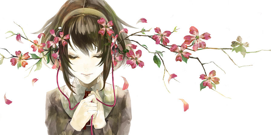 bangs, bob_cut, branch, brown_hair, bust, closed_eyes, cord, flower