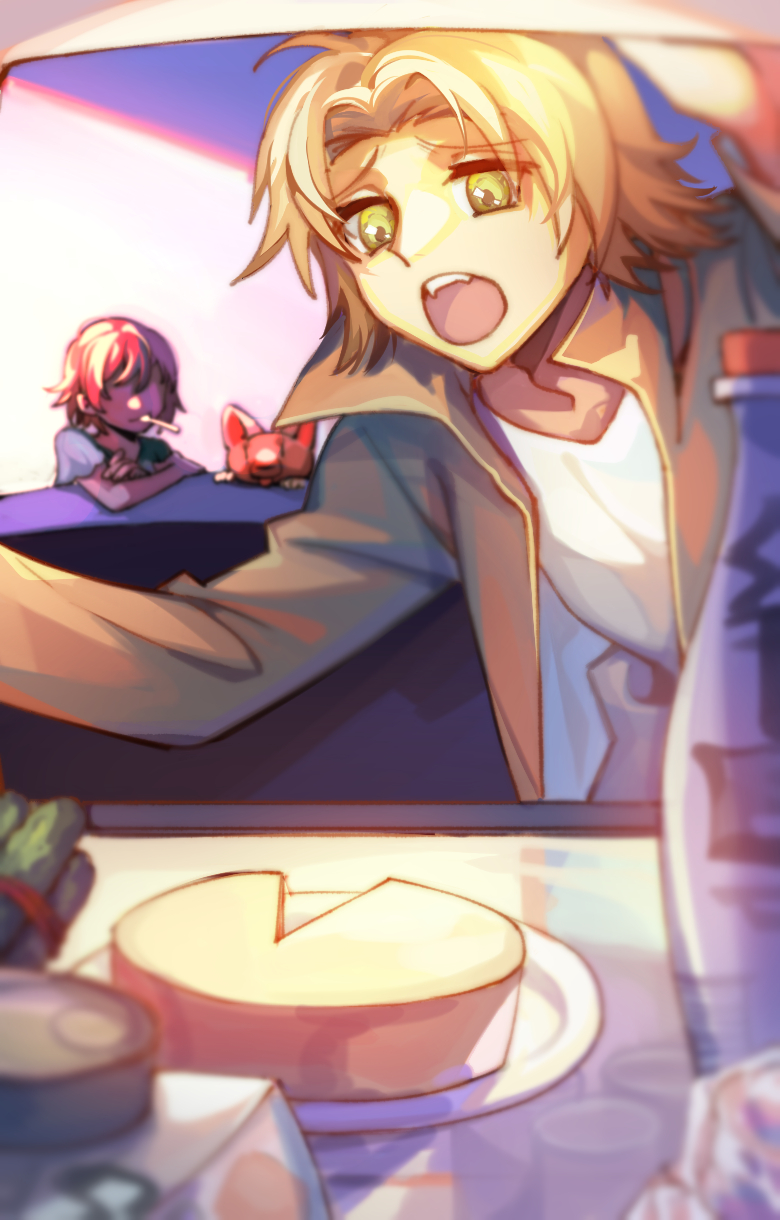 1boy, 1girl, blue_shirt, blurry, blurry_foreground, bottle, brown_jacket, cheese