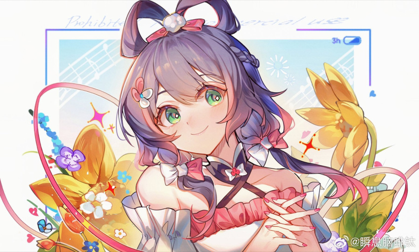 1girl, bare_shoulders, blue_background, blue_flower, blue_hair, bow, eighth_note, flower