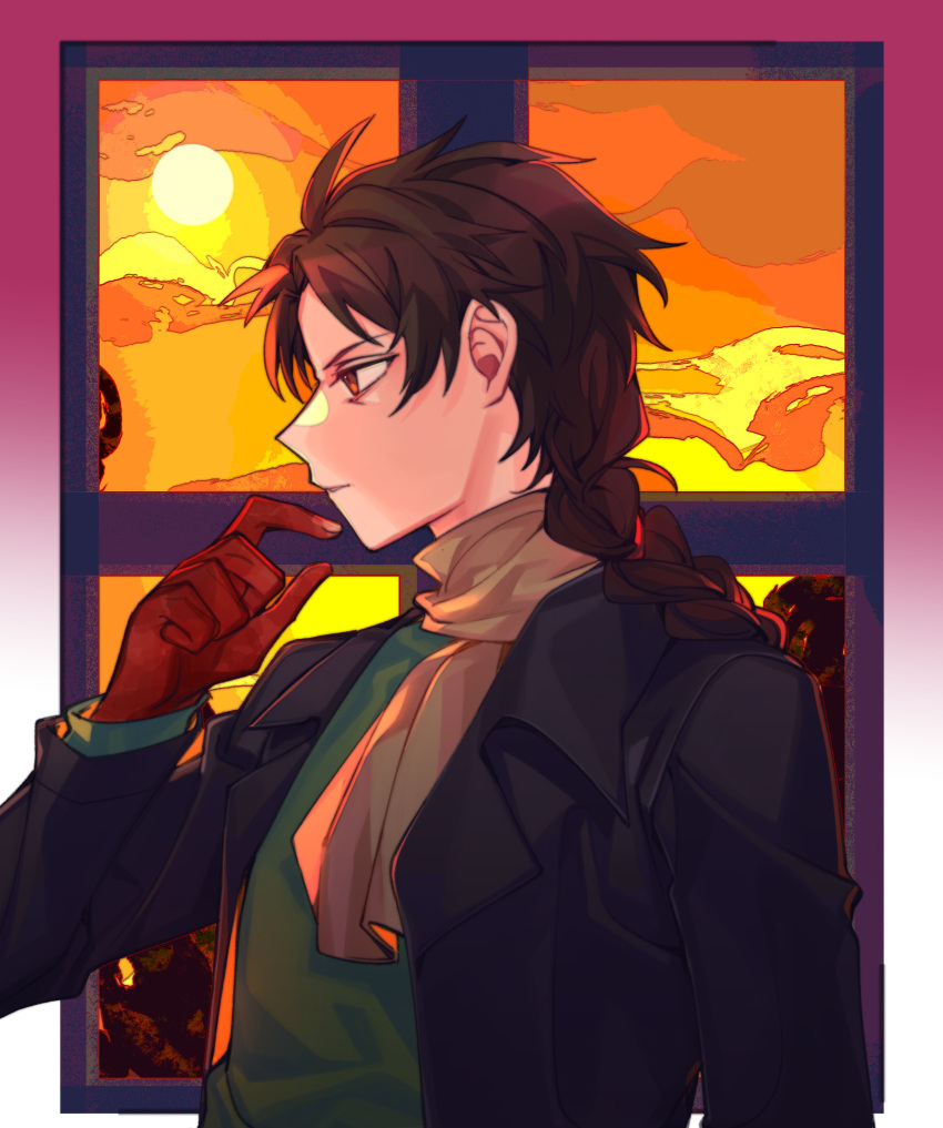1boy, black_jacket, braid, brown_hair, brown_scarf, dawn, fengtian_(artist), from_side, green_shirt, hand_up, harada_minoru, highres, jacket, male_focus, open_clothes, open_jacket, orange_eyes, orange_sky, parted_lips, saibou_shinkyoku, scarf, shirt, side_braid, single_braid, sky, solo, sun, upper_body, window