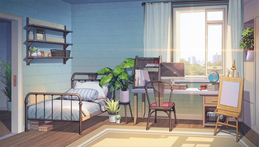 basket, bed, bedroom, blanket, book, box, chair, computer